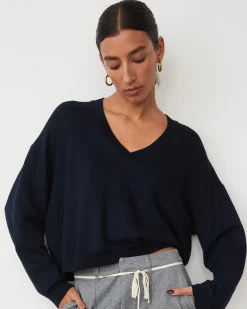 MONROW Softfleece Crop V Neck Sweatshirt DARKNAVY Cheap